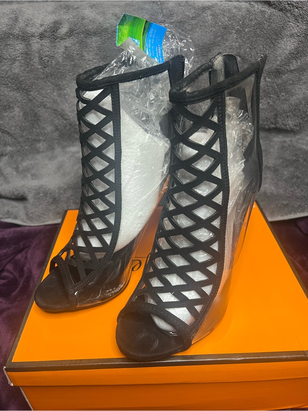 Black Lattice Peep-Toe Mesh Booties for Women